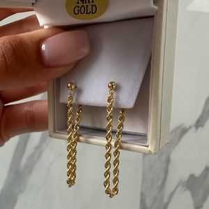 14K Solid Yellow Gold Rope Dangle Elegant Earrings